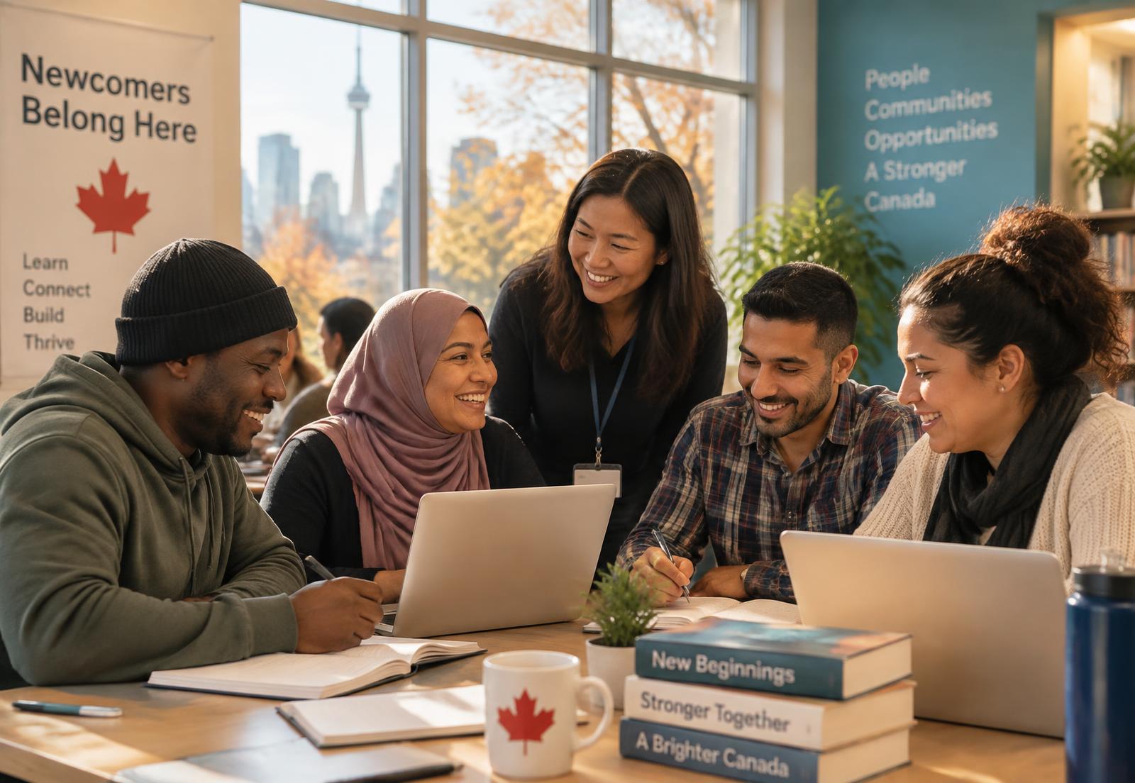 Newcomers learning together at a community centre